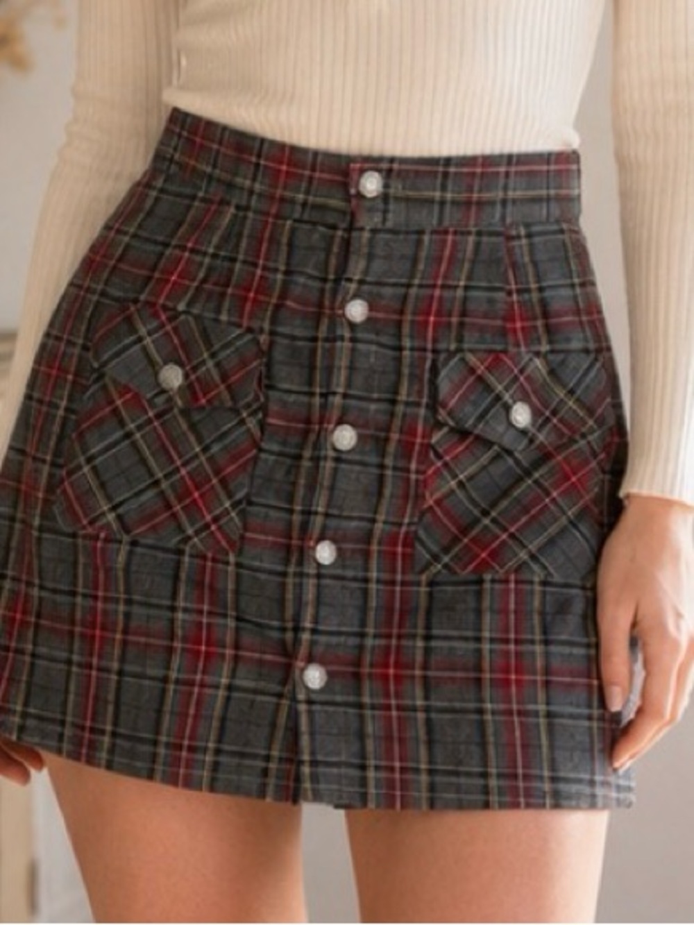Born in America Y2K Plaid Button-Front Mini Skirt in Gray and Red